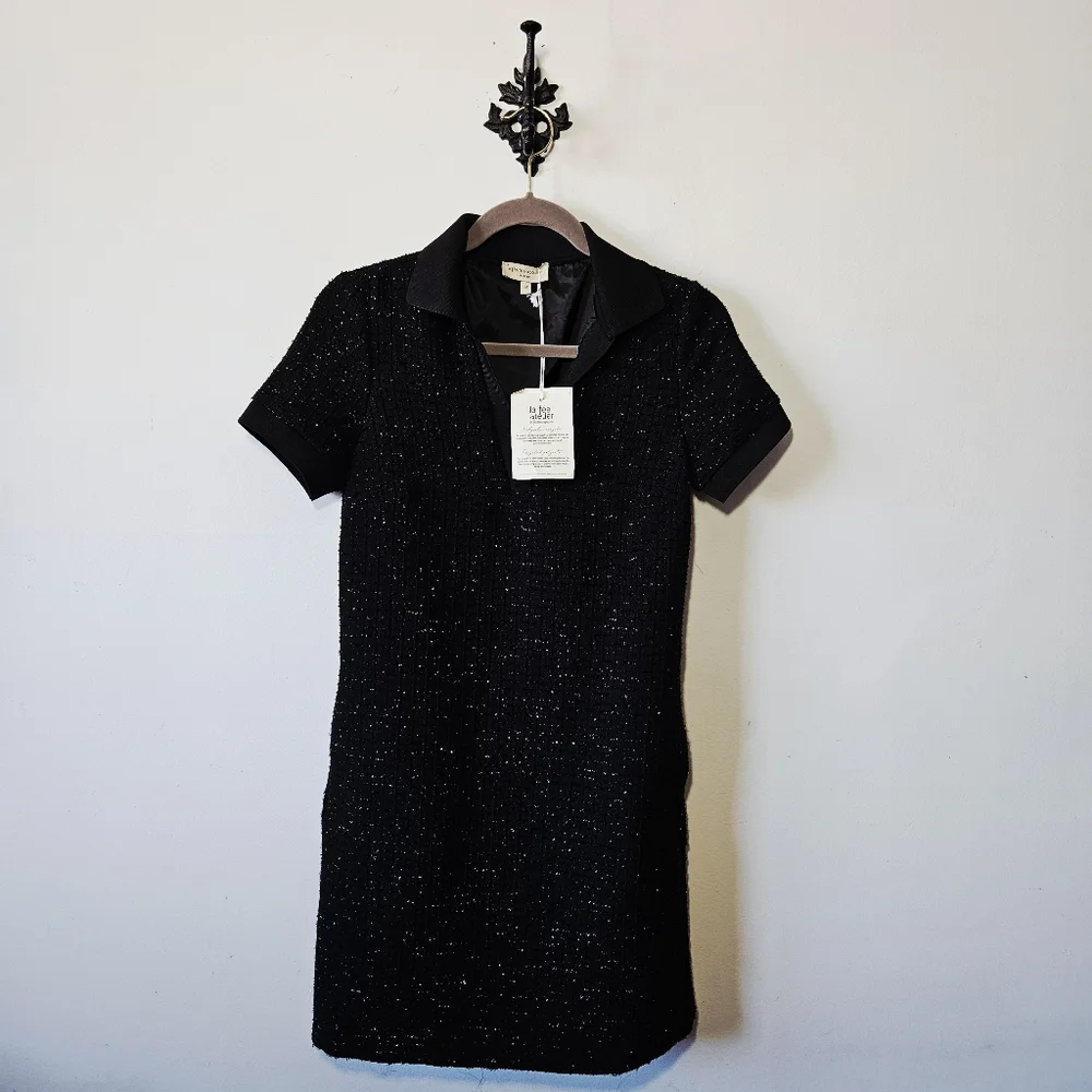 NWT La Fée Maraboutée Tweed Mini Dress Size 34 US S Black Short Sleeve Polo Neck - Picture 1 of 4
